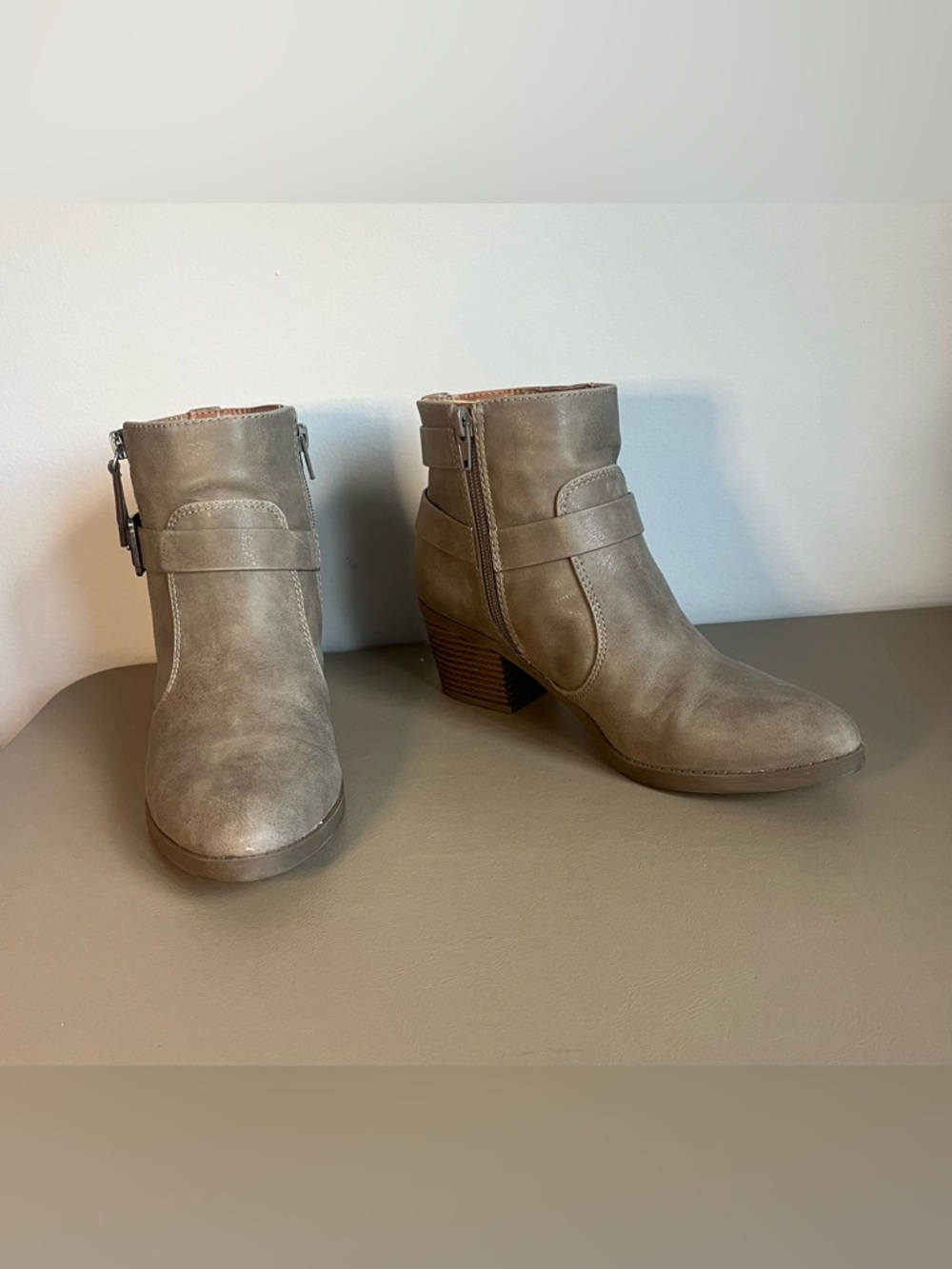 Indigo Taupe Faux-Leather Ankle Booties with Buckle Strap